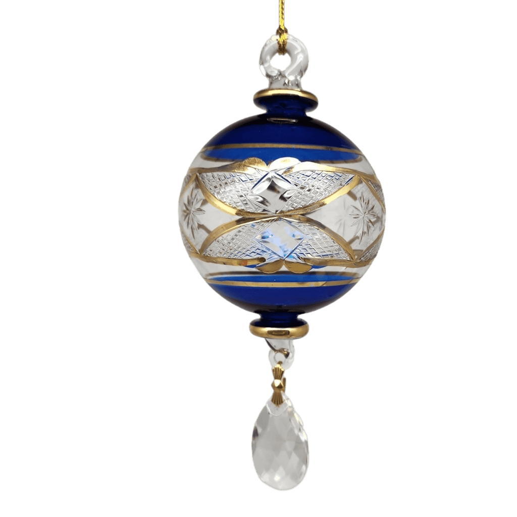 Etched Blown Glass Ball with Crystal Dangle - Blue - Che Cose Belle