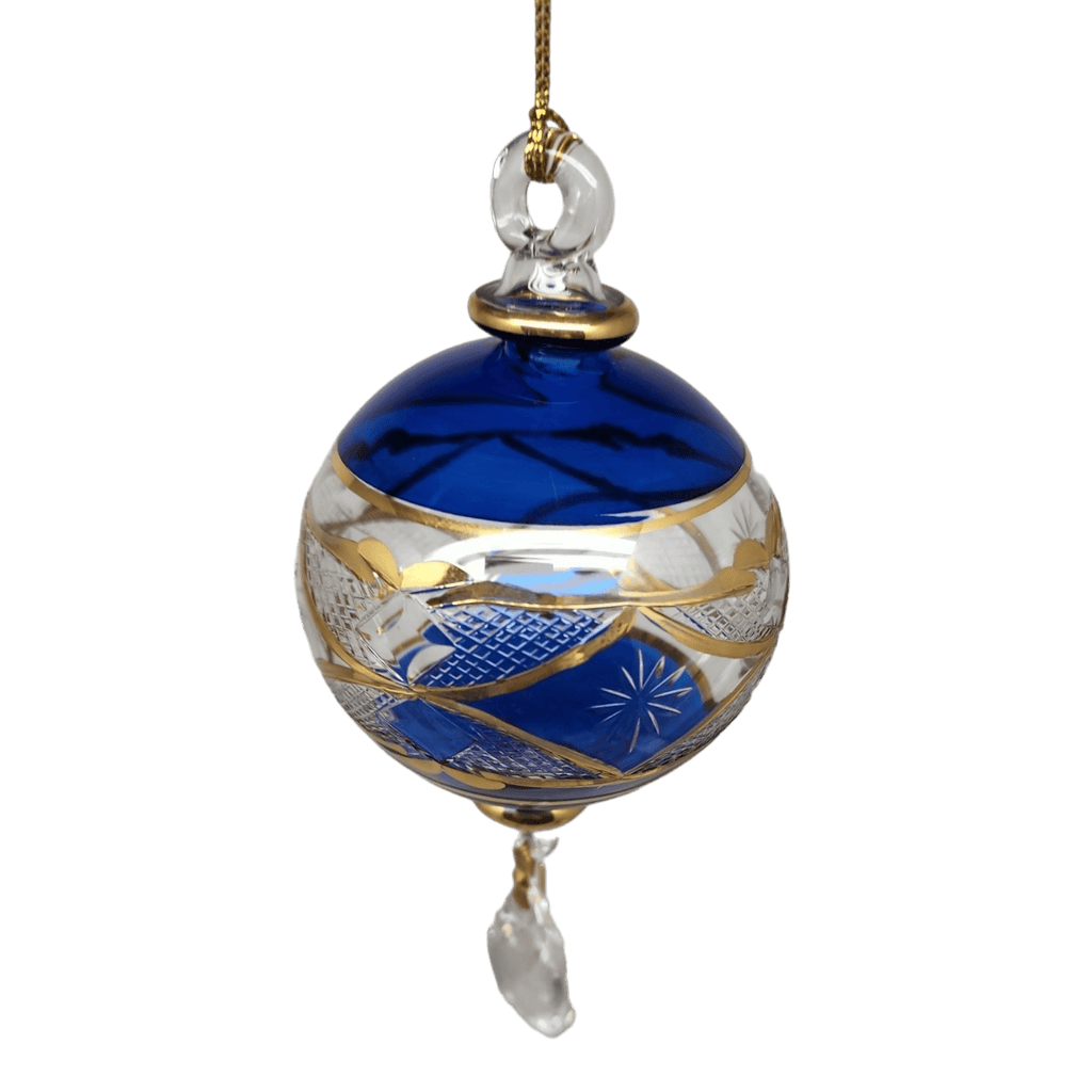 Etched Blown Glass Ball with Crystal Dangle - Blue - Che Cose Belle