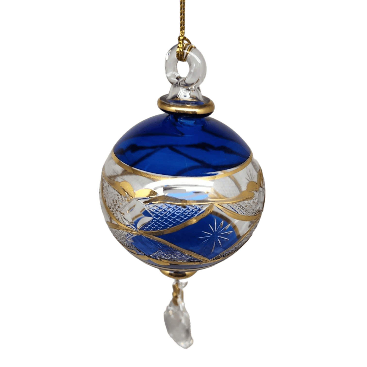 Etched Blown Glass Ball with Crystal Dangle - Blue - Che Cose Belle