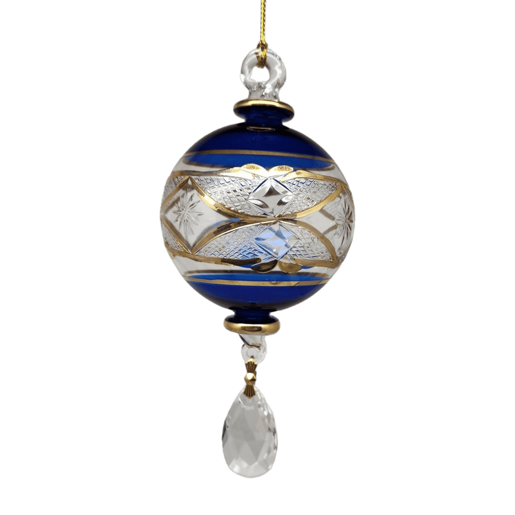 Etched Blown Glass Ball with Crystal Dangle - Blue - Che Cose Belle