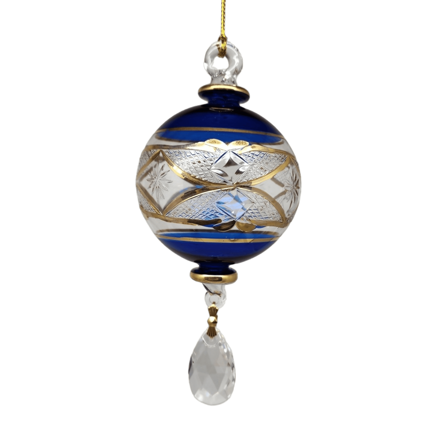 Etched Blown Glass Ball with Crystal Dangle - Blue - Che Cose Belle