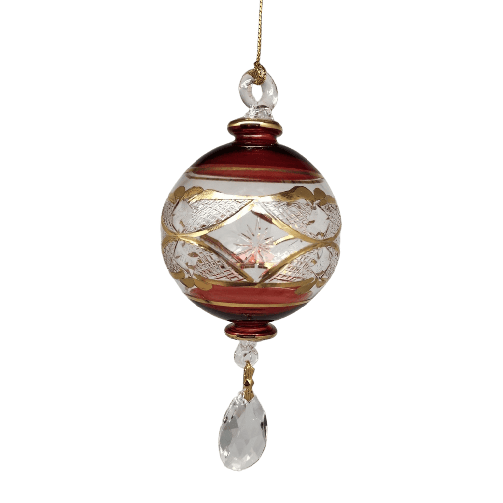 Etched Blown Glass Ball with Crystal Dangle - Red - Che Cose Belle