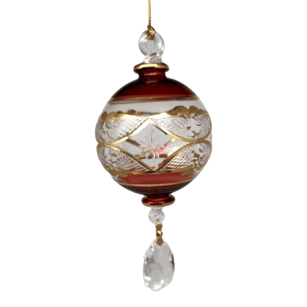 Etched Blown Glass Ball with Crystal Dangle - Red - Che Cose Belle