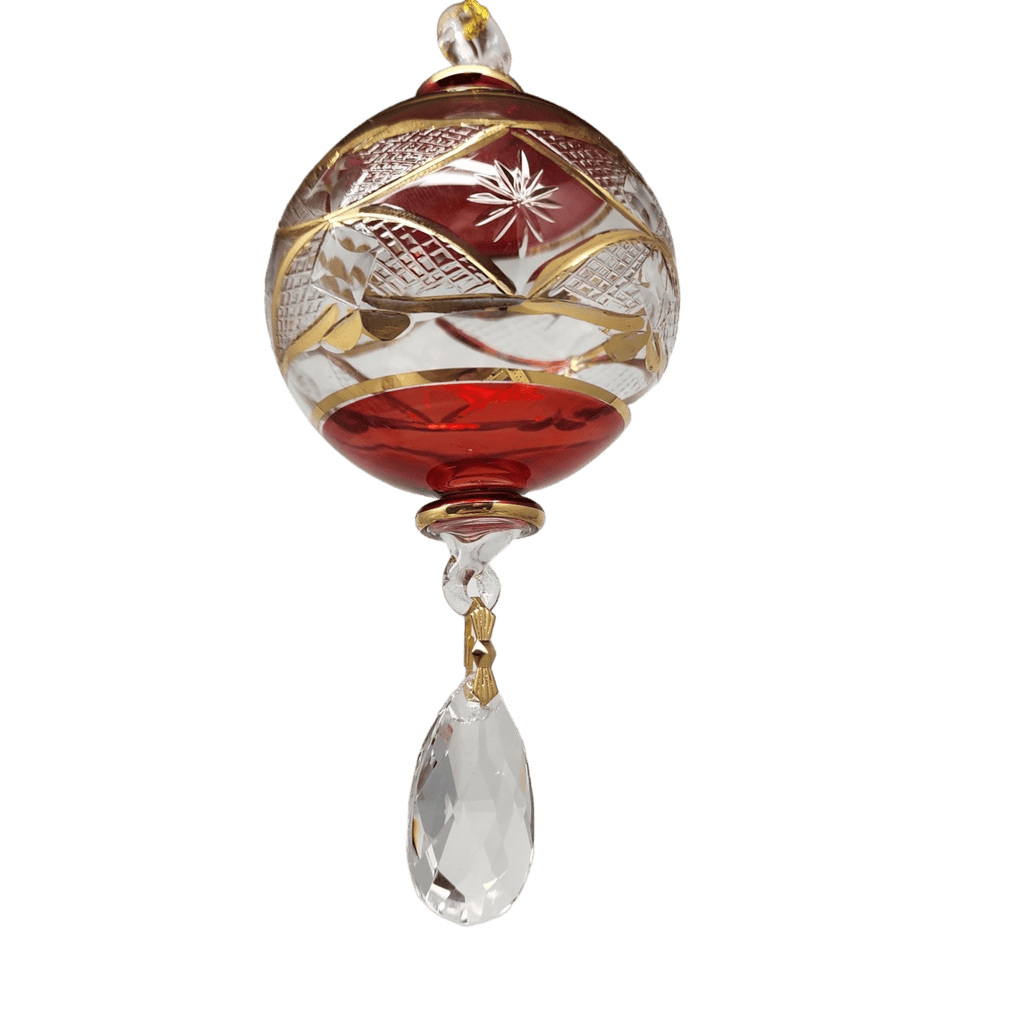 Etched Blown Glass Ball with Crystal Dangle - Red - Che Cose Belle