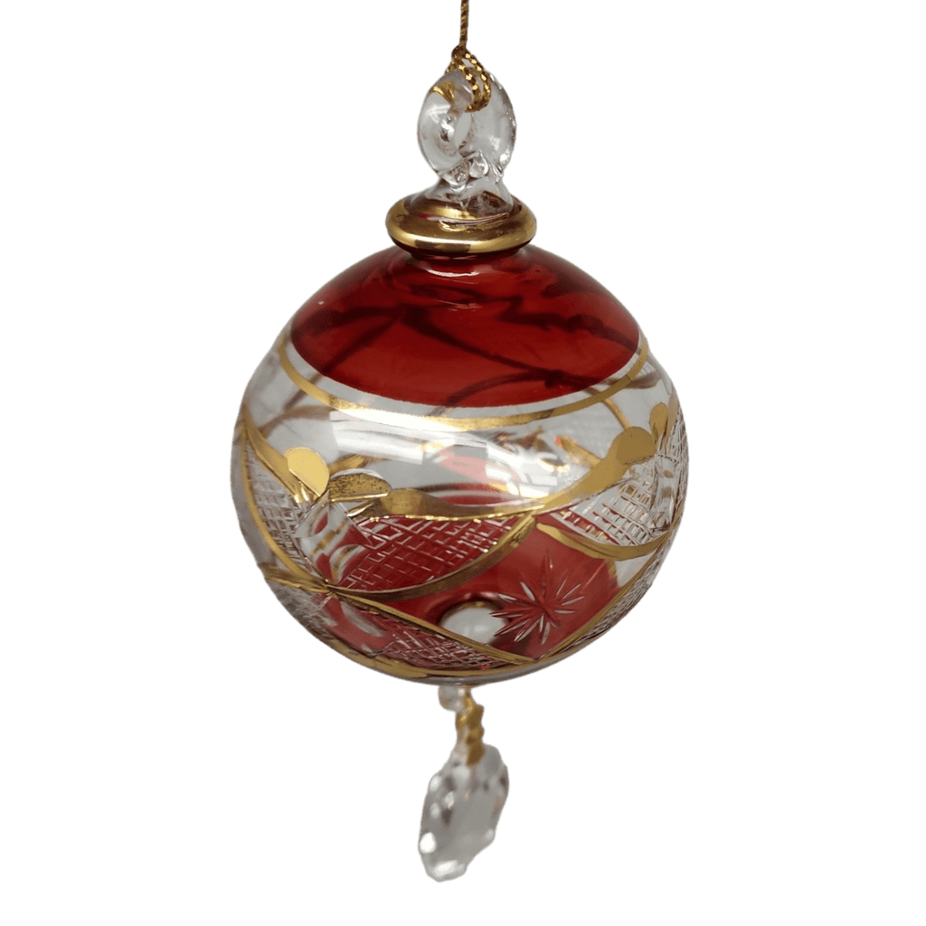 Etched Blown Glass Ball with Crystal Dangle - Red - Che Cose Belle