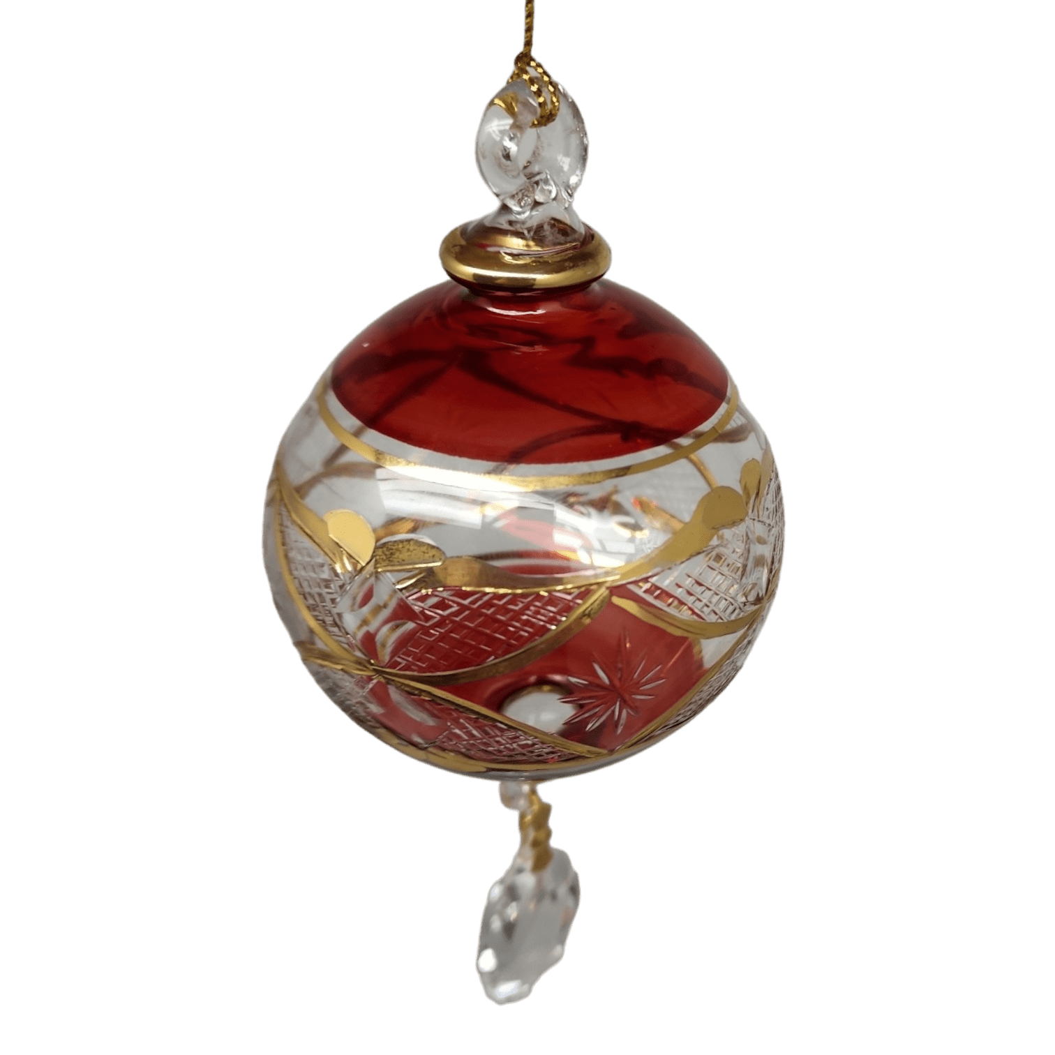 Etched Blown Glass Ball with Crystal Dangle - Red - Che Cose Belle