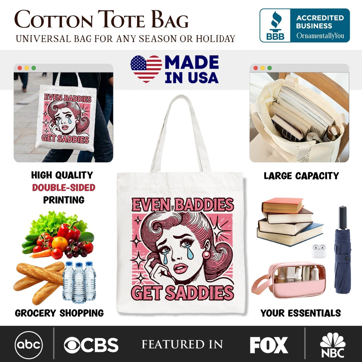 Even Baddies Get Saddies Tote Bag, Retro Crying Girl Pop Art for Stylish and Emotional Women - Che Cose Belle