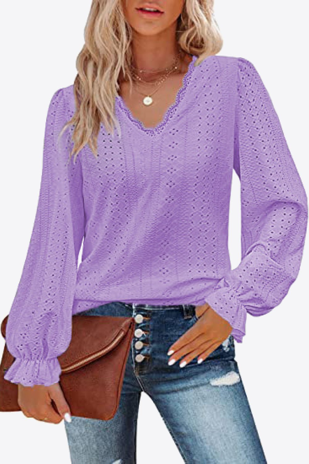Eyelet V - Neck Flounce Sleeve Blouse - Che Cose Belle