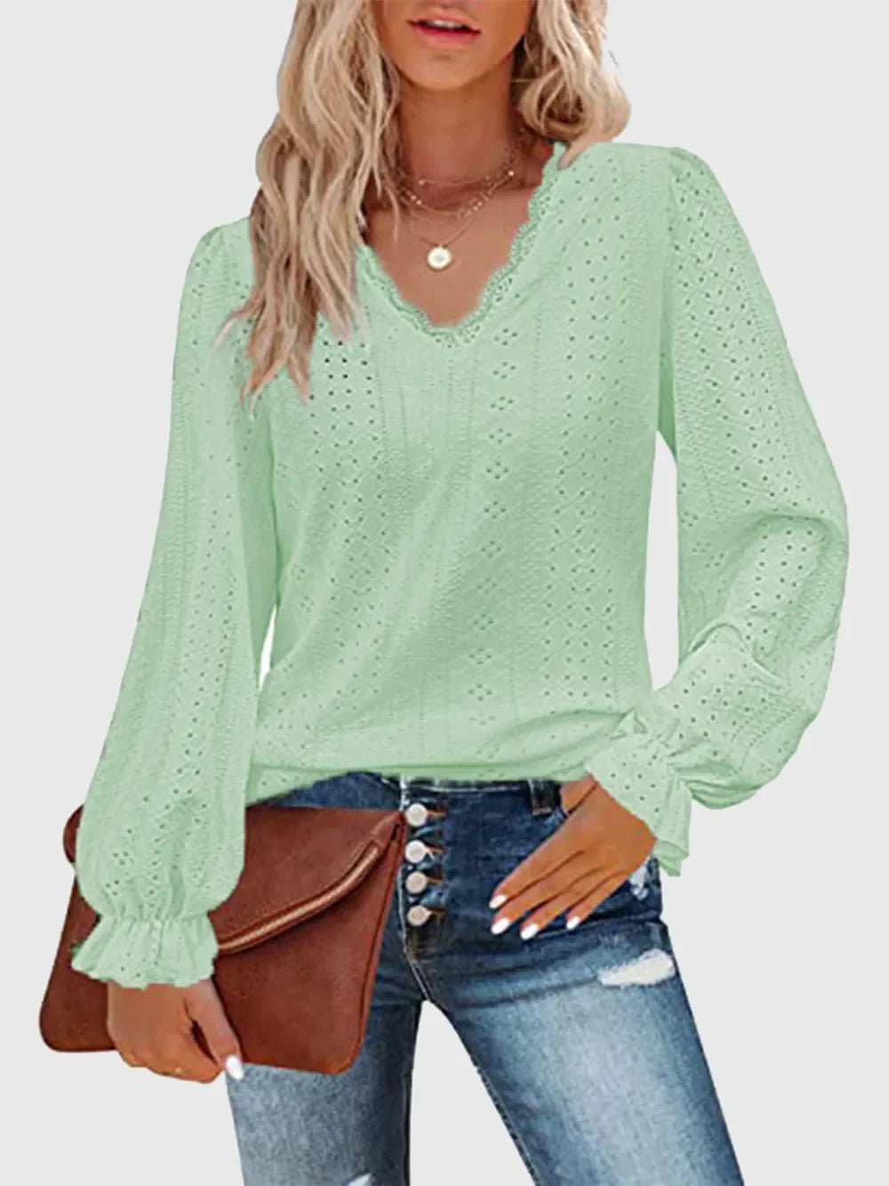 Eyelet V - Neck Flounce Sleeve Blouse - Che Cose Belle