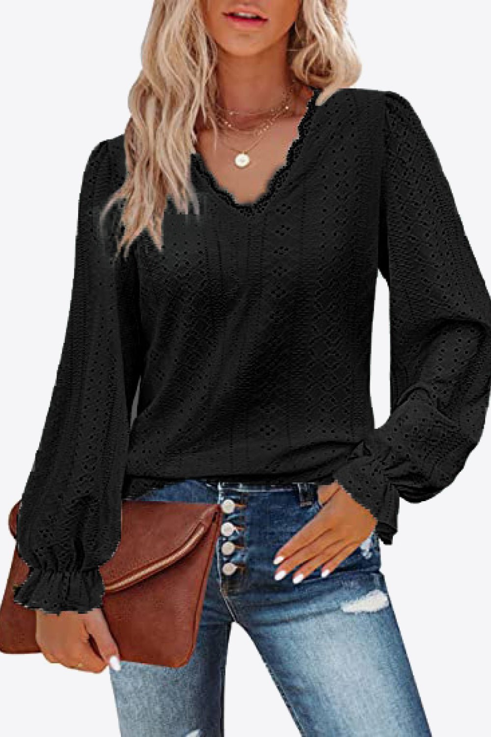 Eyelet V - Neck Flounce Sleeve Blouse - Che Cose Belle