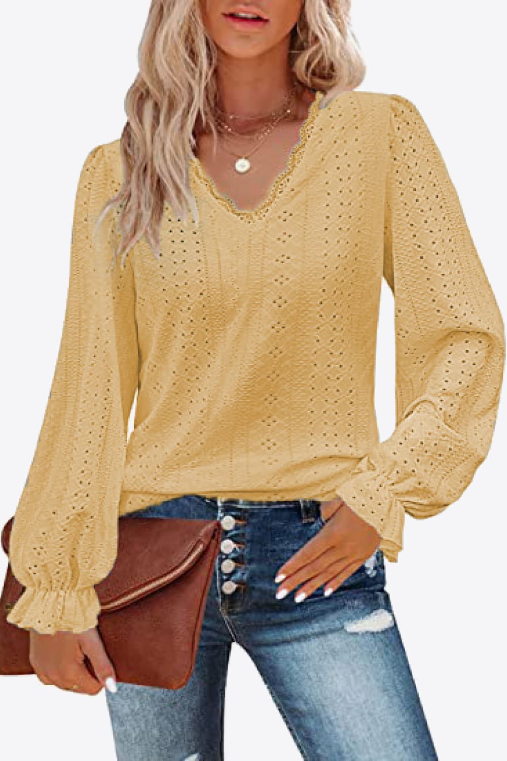 Eyelet V - Neck Flounce Sleeve Blouse - Che Cose Belle