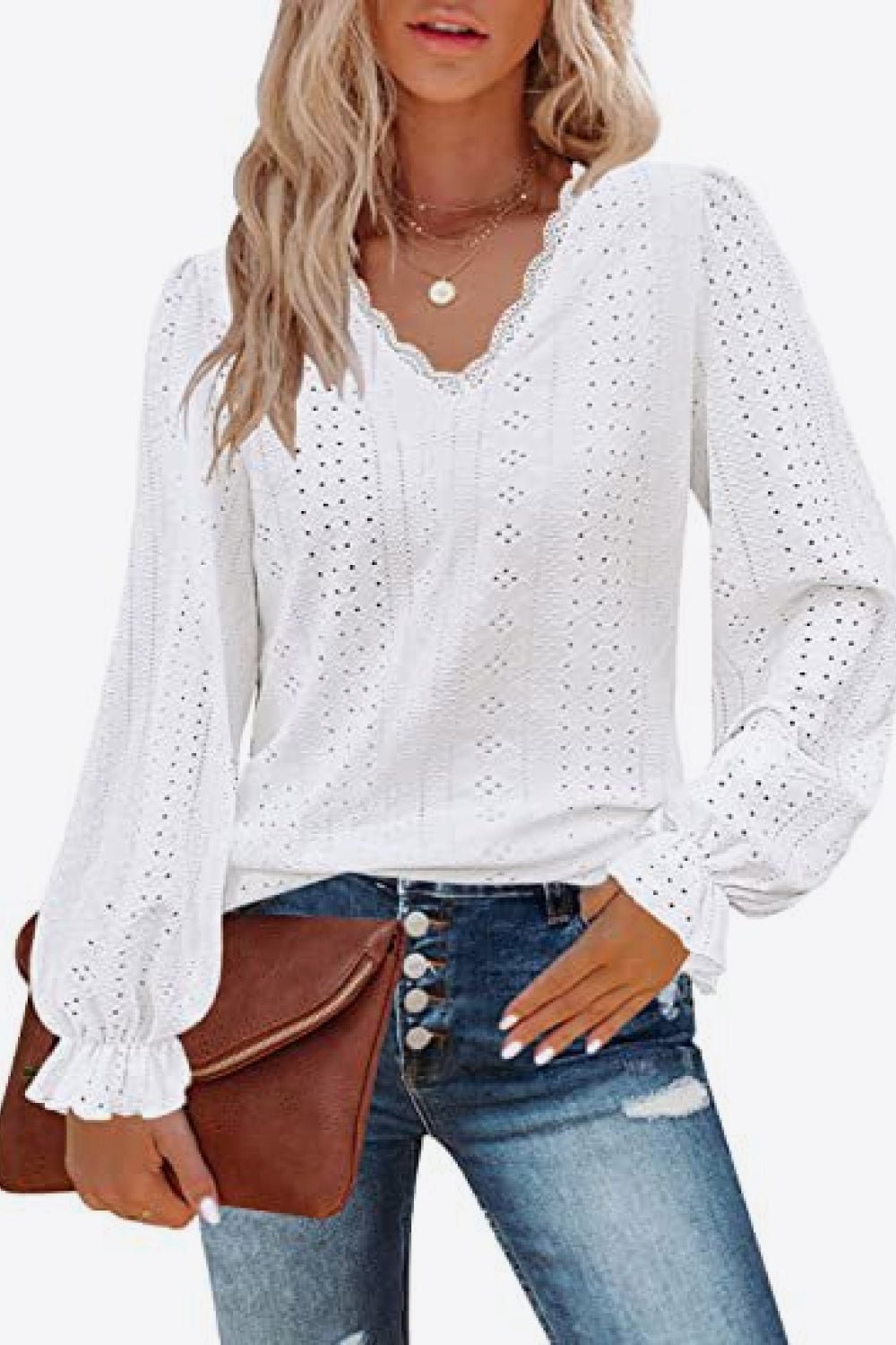 Eyelet V - Neck Flounce Sleeve Blouse - Che Cose Belle
