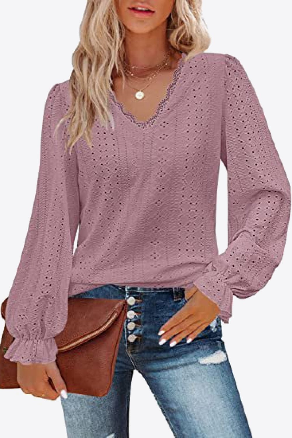 Eyelet V - Neck Flounce Sleeve Blouse - Che Cose Belle