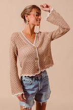 SO ME Open Knit Light Weight Sweater Cardigan With Contrast Wavy Scallop Edge