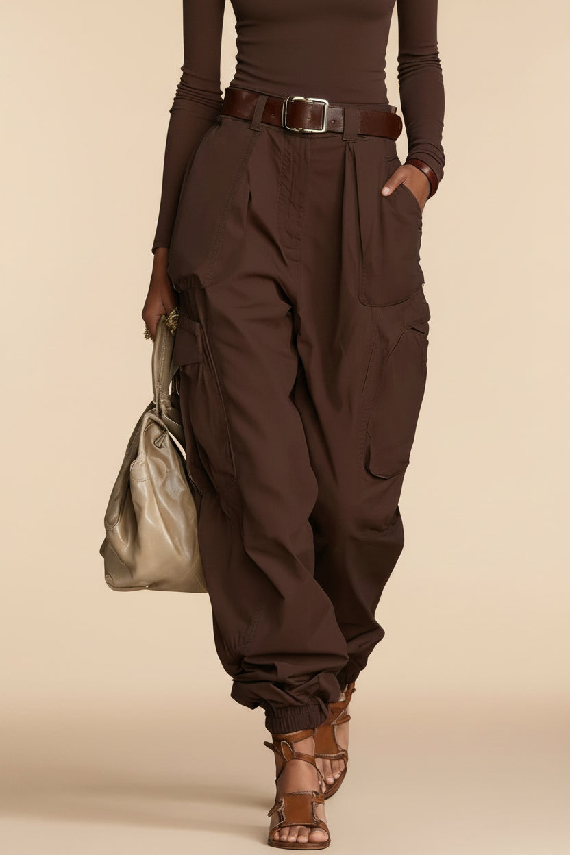 Women's High-Waist Cargo Parachute Pants with Elastic Ankle Cuffs