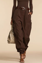Women's High-Waist Cargo Parachute Pants with Elastic Ankle Cuffs