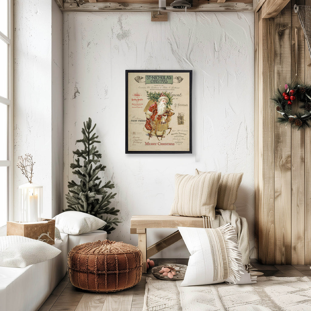 Vintage Painting of Santa on a distressed bookplate background