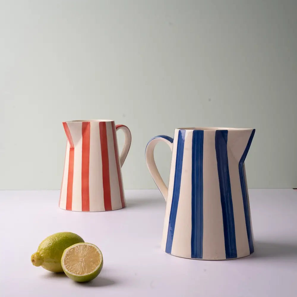 Ceramic Stripe Pitcher, Red- 8.25 x 8.25 x 8 Inches
