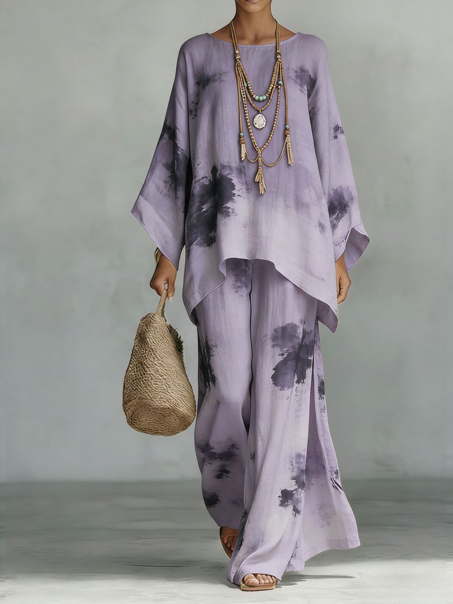 Floral Print Bamboo Linen Two-Piece Set with Wide-Leg Pants