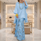 Women's Solid Linen-Style Tunic Top & Watercolor Floral Wide-Leg Pants Set