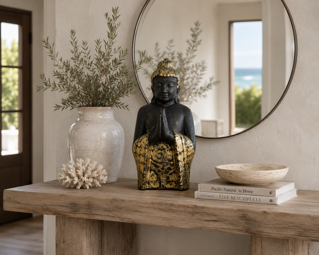 Large Black & Gold Praying Buddha Statue | Handcrafted Indonesian Décor