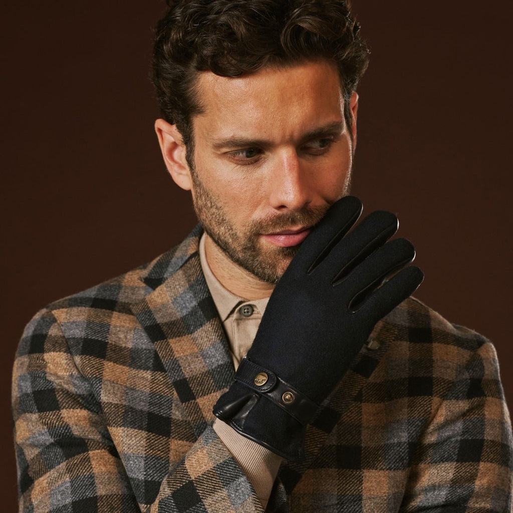 Fabrizio (navy blue) - Tweed men's gloves with touchscreen capability and adjustable snap button - Che Cose Belle