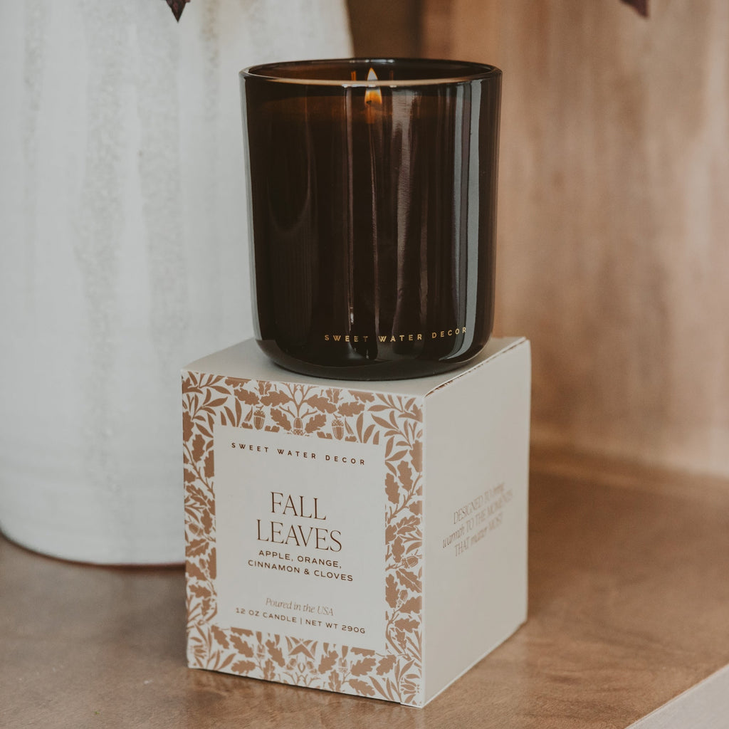 Fall Leaves Soy Candle - Boxed Amber Tinted Glass Jar - 12 oz - Che Cose Belle