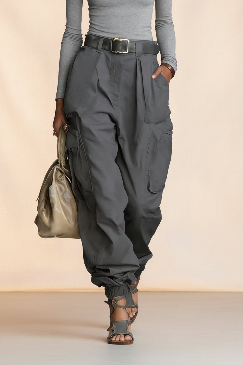 Women's High-Waist Cargo Parachute Pants with Elastic Ankle Cuffs