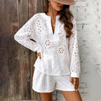 Women's Eyelet Embroidery V-Neck Long Sleeve Top & Shorts Two-Piece Set