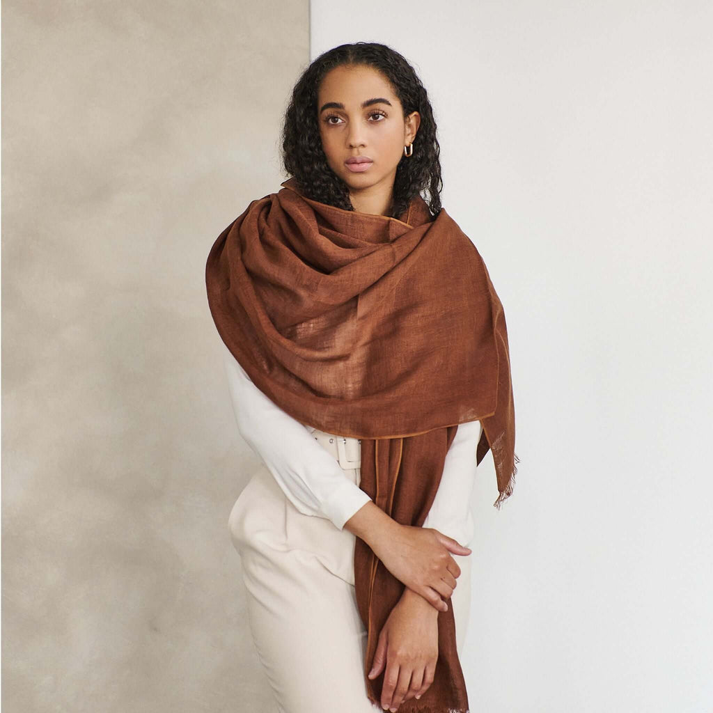 Coco Brown Hand Woven Linen Silk Blend Scarf