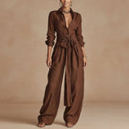 Women's Linen Long Sleeve Shirt & High-Waist Wide-Leg Pants Set with Tie Belt