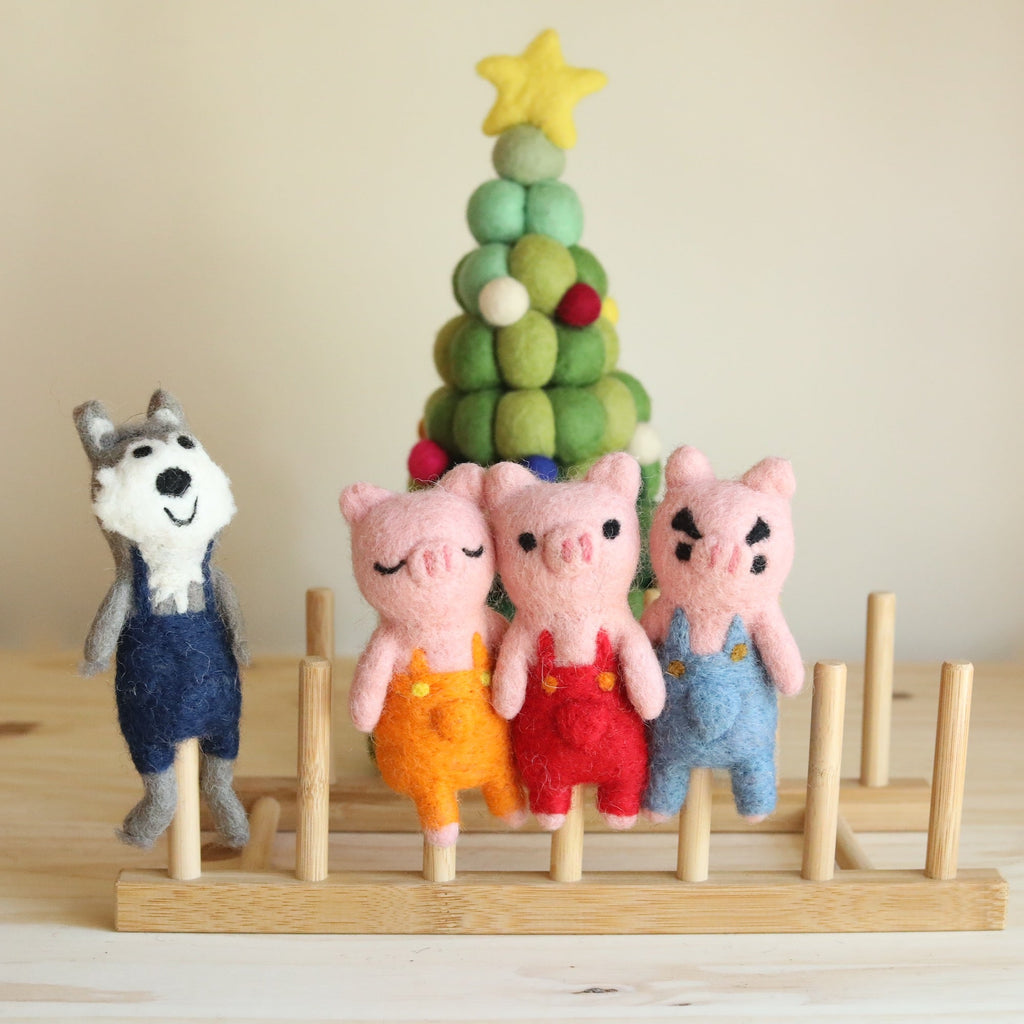 Felt Finger Puppets Set of 4 - Three Little Pigs & Big Wolf - Che Cose Belle