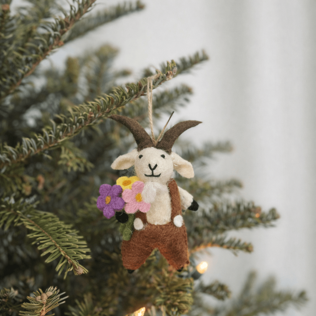 Felt Goat Holding Flower Ornament - Che Cose Belle