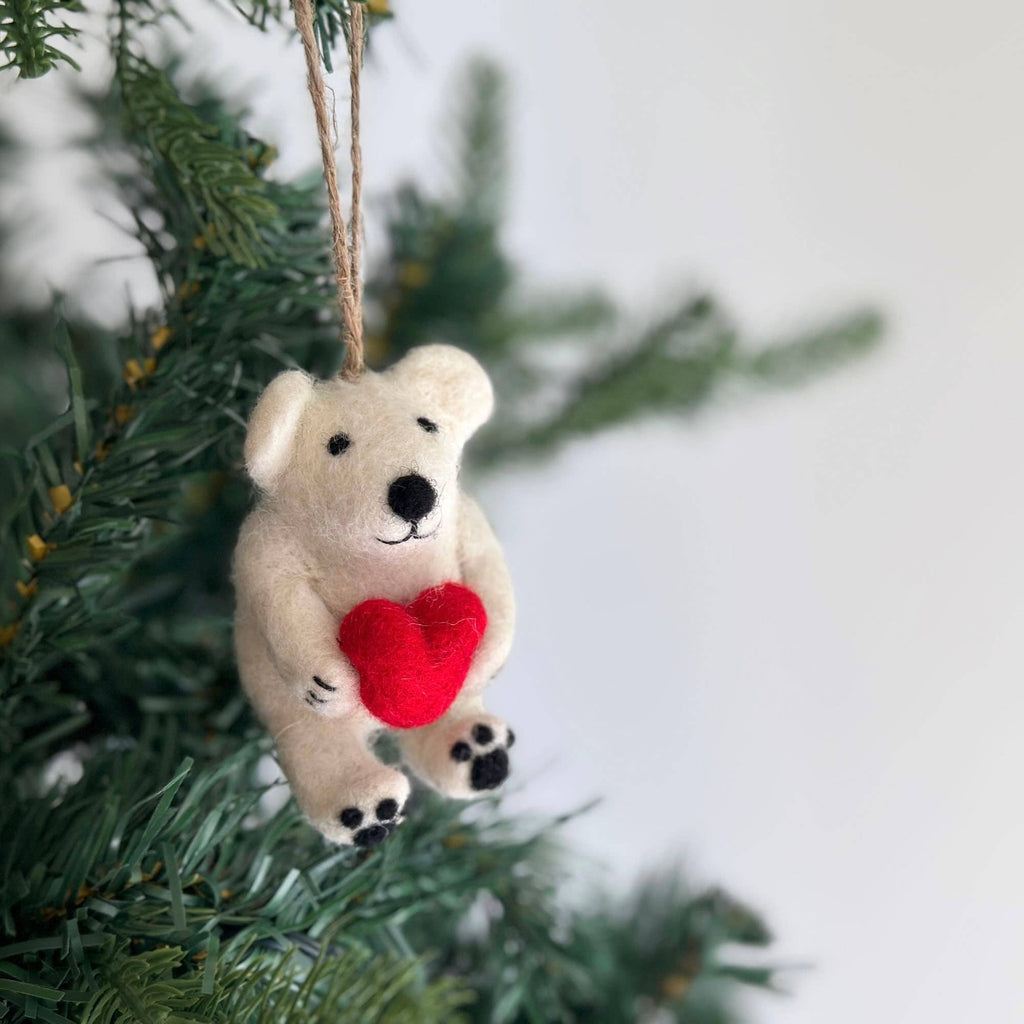 Felt Ornament - Mini Polar Bear Holding Heart - Che Cose Belle