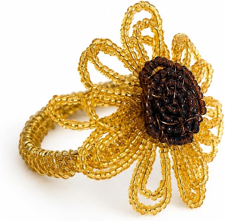 Fennco Styles Beaded Sunflower Napkin Rings, Set of 4 - Handmade Gold Floral Napkin Holders for Fall Dining Décor, Thanksgiving, Harvest Parties & Everyday Entertaining - Che Cose Belle