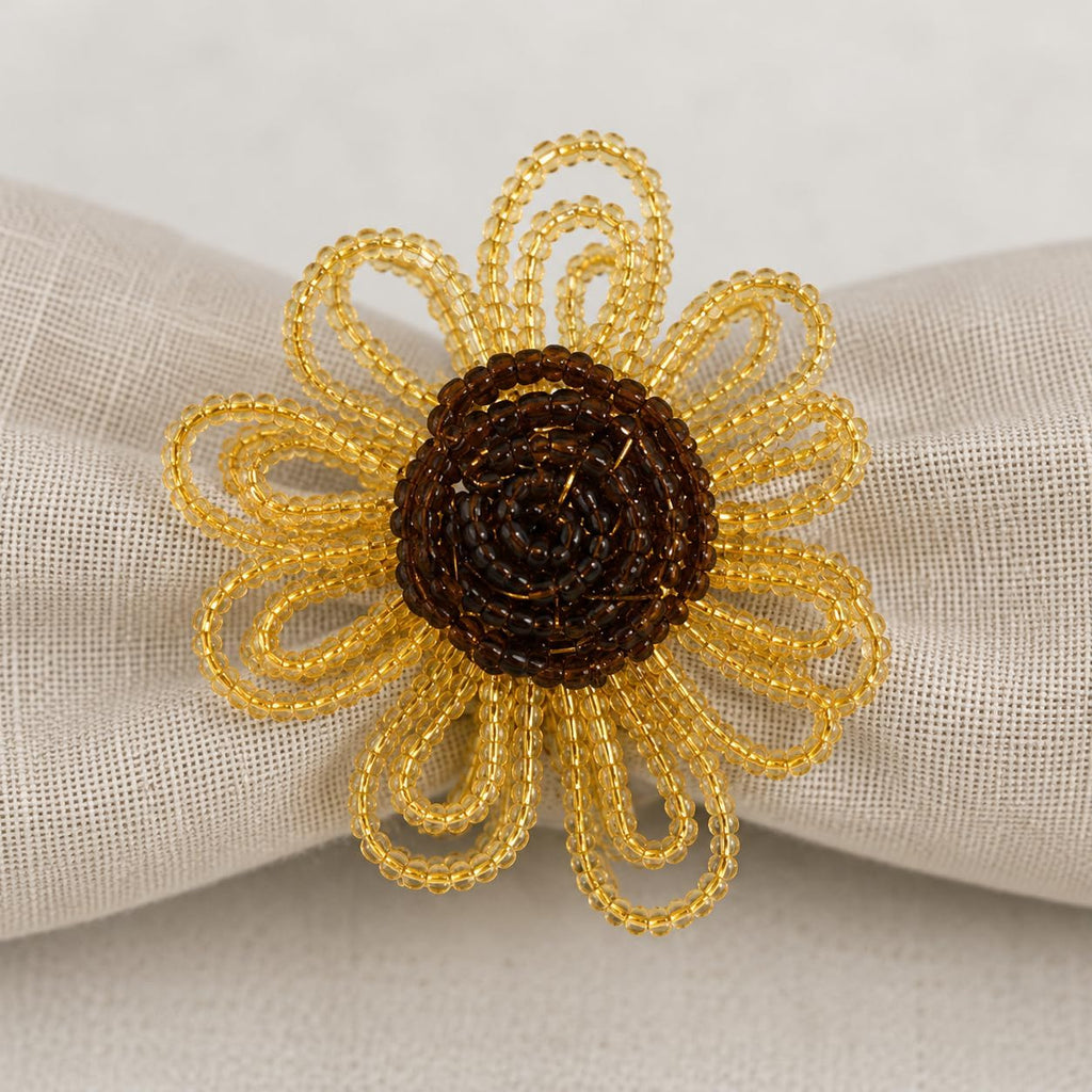 Fennco Styles Beaded Sunflower Napkin Rings, Set of 4 - Handmade Gold Floral Napkin Holders for Fall Dining Décor, Thanksgiving, Harvest Parties & Everyday Entertaining - Che Cose Belle