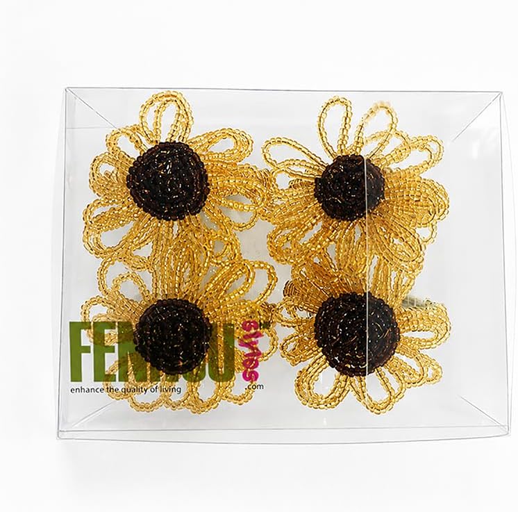 Fennco Styles Beaded Sunflower Napkin Rings, Set of 4 - Handmade Gold Floral Napkin Holders for Fall Dining Décor, Thanksgiving, Harvest Parties & Everyday Entertaining - Che Cose Belle