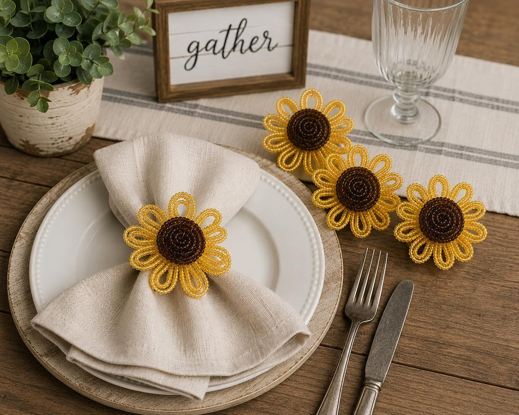Fennco Styles Beaded Sunflower Napkin Rings, Set of 4 - Handmade Gold Floral Napkin Holders for Fall Dining Décor, Thanksgiving, Harvest Parties & Everyday Entertaining - Che Cose Belle