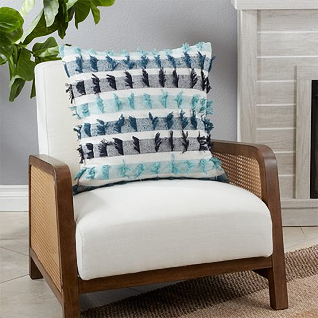 Fennco Styles Boho Striped Fringe Cotton Decorative Throw Pillow 20" W X 20" L – Blue Textured Cushion for Couch, Sofa, Bedroom, Office and Living Room Décor - Che Cose Belle