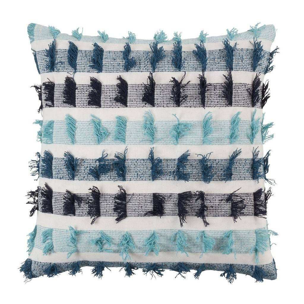 Fennco Styles Boho Striped Fringe Cotton Decorative Throw Pillow 20" W X 20" L – Blue Textured Cushion for Couch, Sofa, Bedroom, Office and Living Room Décor - Che Cose Belle