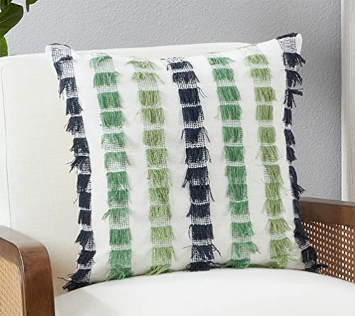 Fennco Styles Boho Striped Fringe Cotton Decorative Throw Pillow 20" W X 20" L – Blue Textured Cushion for Couch, Sofa, Bedroom, Office and Living Room Décor - Che Cose Belle