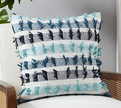 Fennco Styles Boho Striped Fringe Cotton Decorative Throw Pillow 20" W X 20" L – Blue Textured Cushion for Couch, Sofa, Bedroom, Office and Living Room Décor - Che Cose Belle