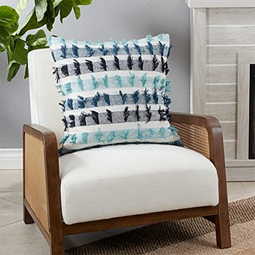 Fennco Styles Boho Striped Fringe Cotton Decorative Throw Pillow 20" W X 20" L – Blue Textured Cushion for Couch, Sofa, Bedroom, Office and Living Room Décor - Che Cose Belle