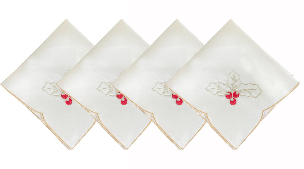Fennco Styles Christmas Embroidered Holly Cloth Napkins 20" W x 20" L, Set of 4 - Che Cose Belle