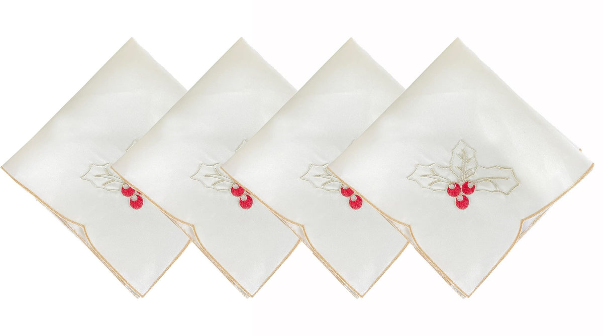 Fennco Styles Christmas Embroidered Holly Cloth Napkins 20" W x 20" L, Set of 4 - Che Cose Belle