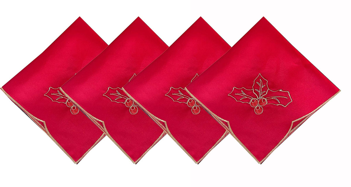 Fennco Styles Christmas Embroidered Holly Cloth Napkins 20" W x 20" L, Set of 4 - Che Cose Belle