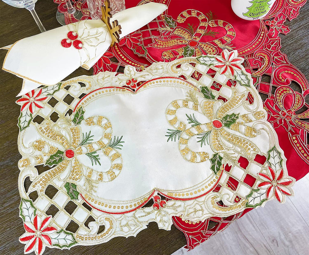 Fennco Styles Christmas Embroidered Holly Cloth Napkins 20" W x 20" L, Set of 4 - Che Cose Belle