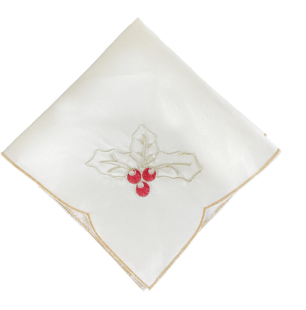 Fennco Styles Christmas Embroidered Holly Cloth Napkins 20" W x 20" L, Set of 4 - Che Cose Belle