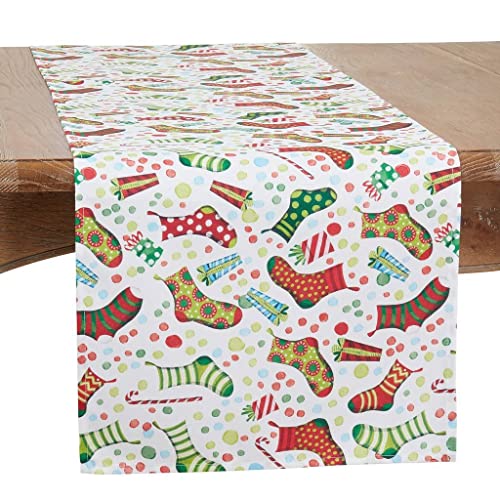 Fennco Styles Christmas Stockings Holiday Table Runner 16" W X 70" L - Multicolor Stocking Print Festive Table Cover for Christmas Décor, Dining Room, Banquet, Family Gathering and Special Events - Che Cose Belle