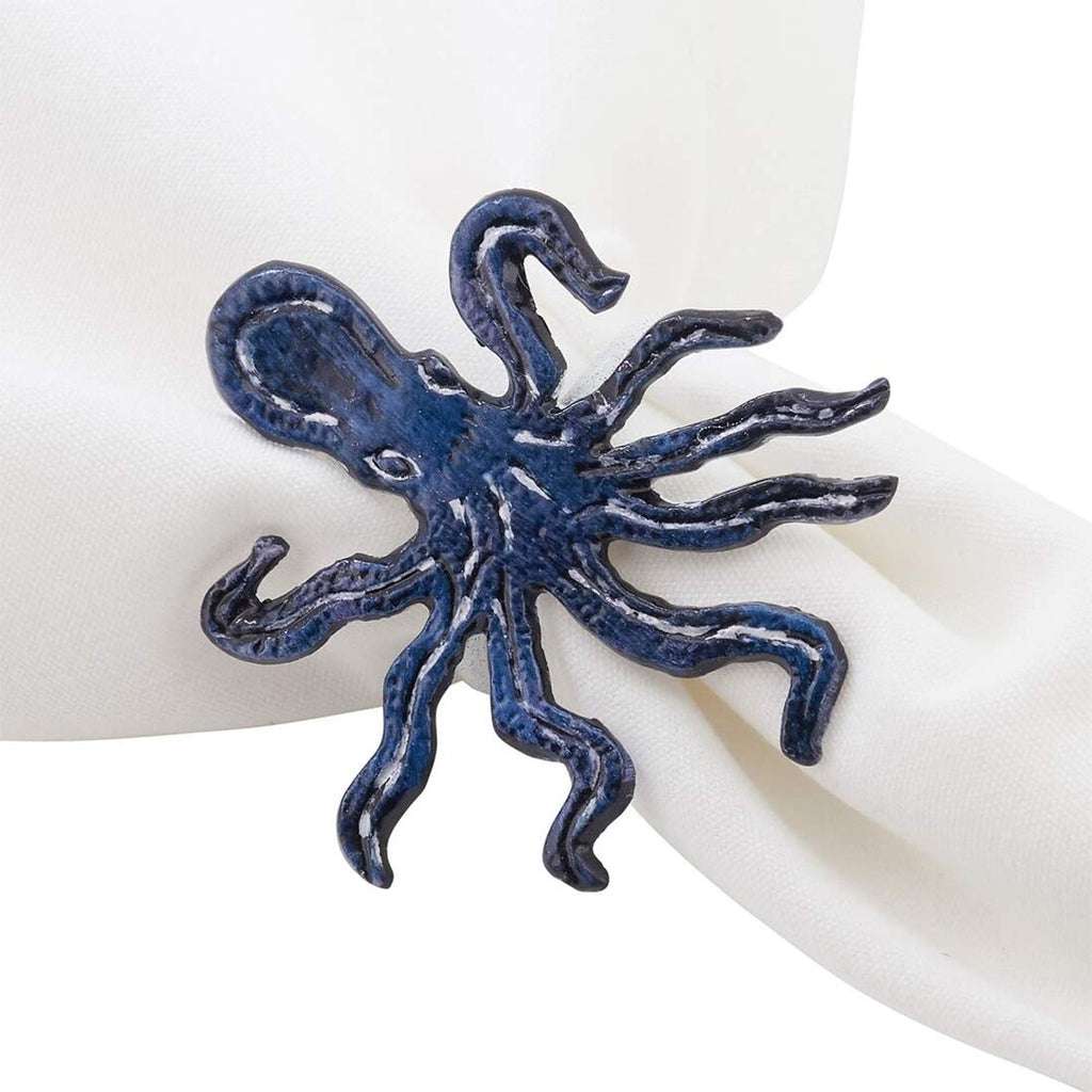 Fennco Styles Coastal Octopus Brass Napkin Rings, Set of 4 - Navy Blue Metal Napkin Holders for Beach House, Nautical Party Decorations, Home, Banquet and Special Event - Che Cose Belle